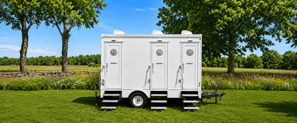 Luxury 4-stall bathroom trailer at outdoor wedding venue